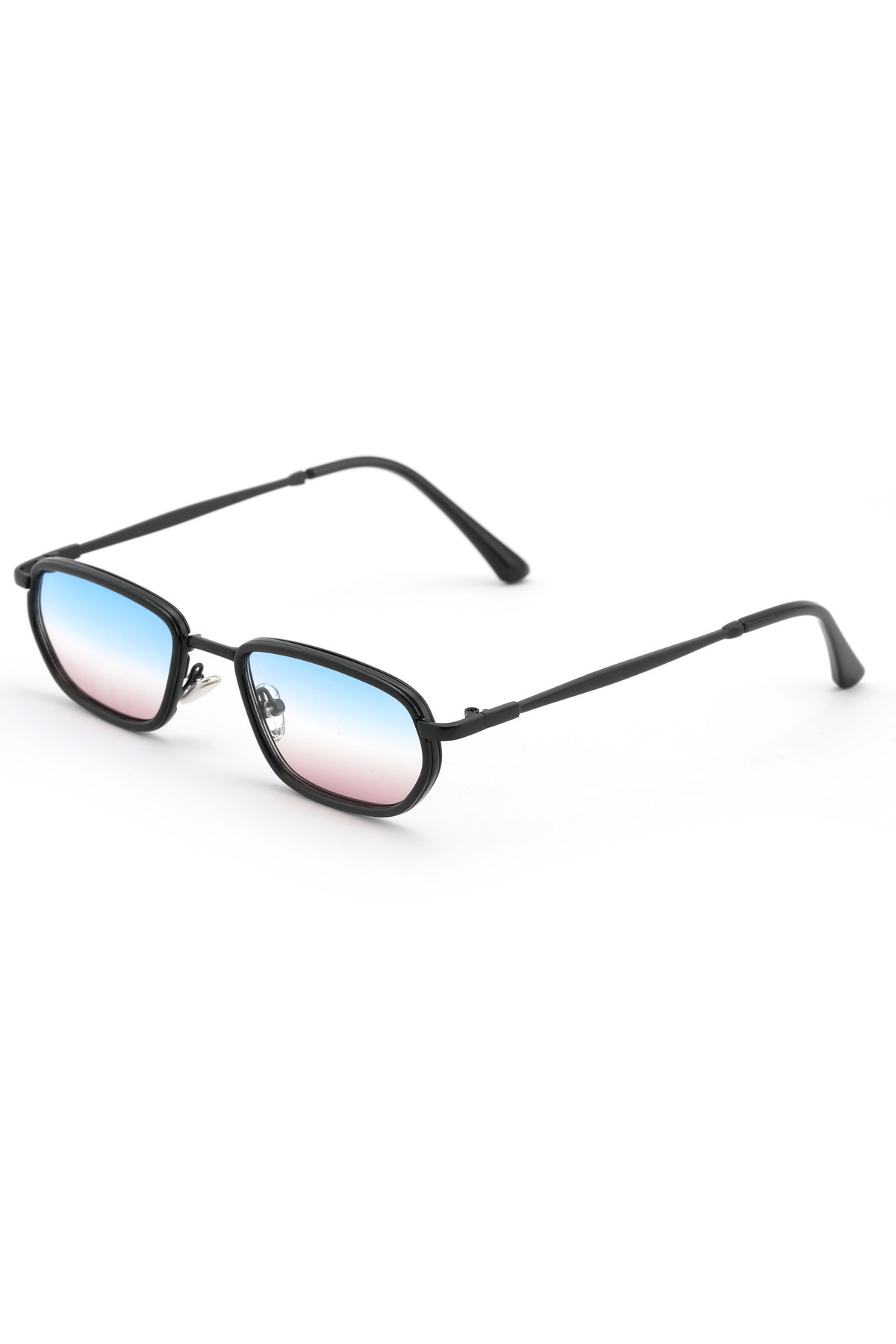 Minimal Geometrik Tasarım Siyah Çerçeve Mavi Çiftrenk Cam Güneş Gözlüğü