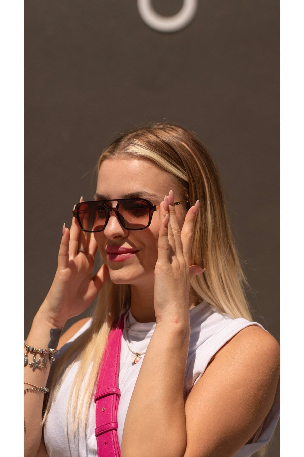 Kahverengi Çerçeve Kahverengi Cam Dikdörtgen Kadın Güneş Gözlüğü