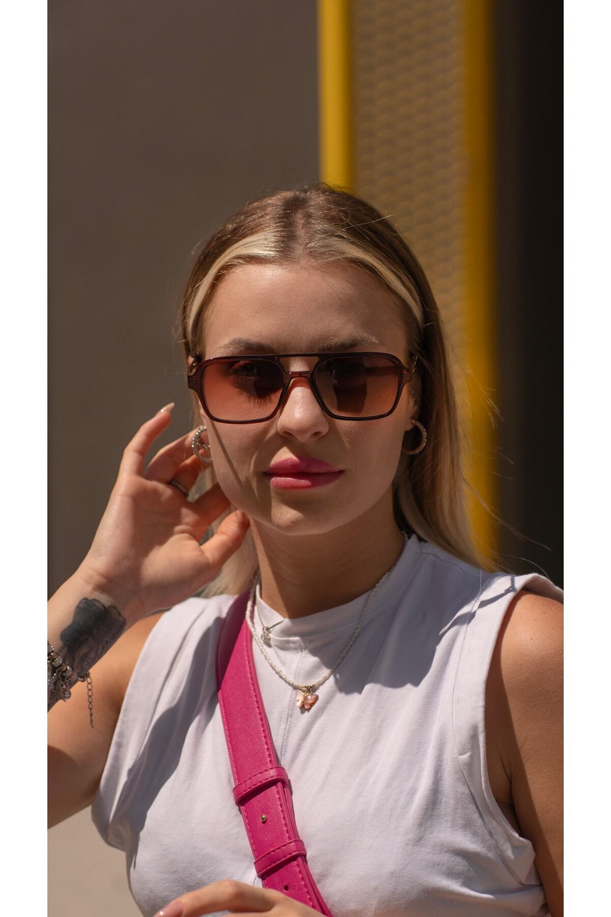 Kahverengi Çerçeve Kahverengi Cam Dikdörtgen Kadın Güneş Gözlüğü