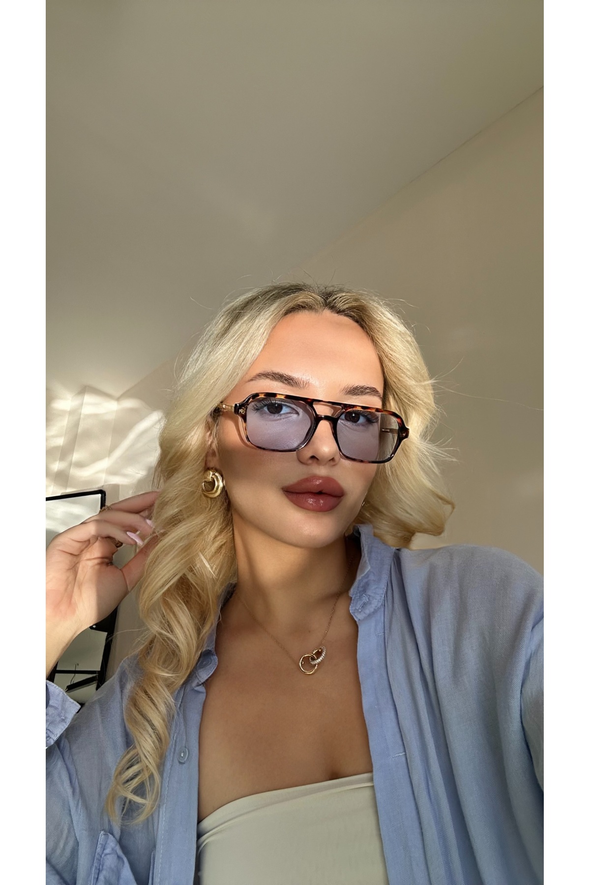 Kadın Güneş Gözlüğü Dikdörtgen Leopar Çerçeve Mavi Cam