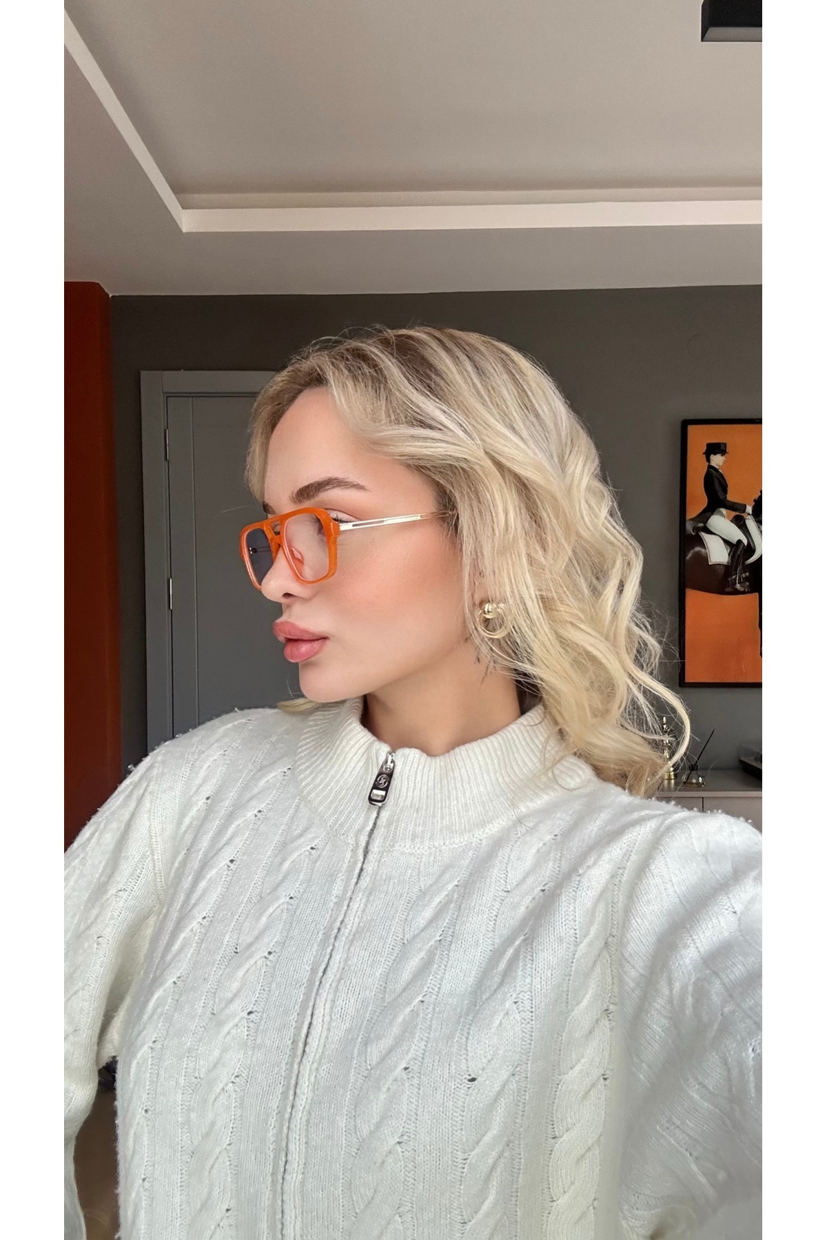 Kadın Güneş Gözlüğü Dikdörtgen Turuncu Çerçeve Mavi Mavi Işık Korumalı Gözlük